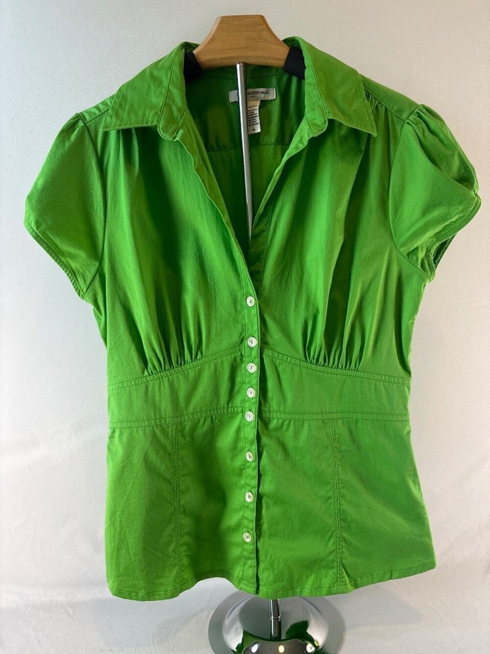 Banana Republic Stretch Green Cap Sleeve Button-Up Blouse Size 10 Y2K
